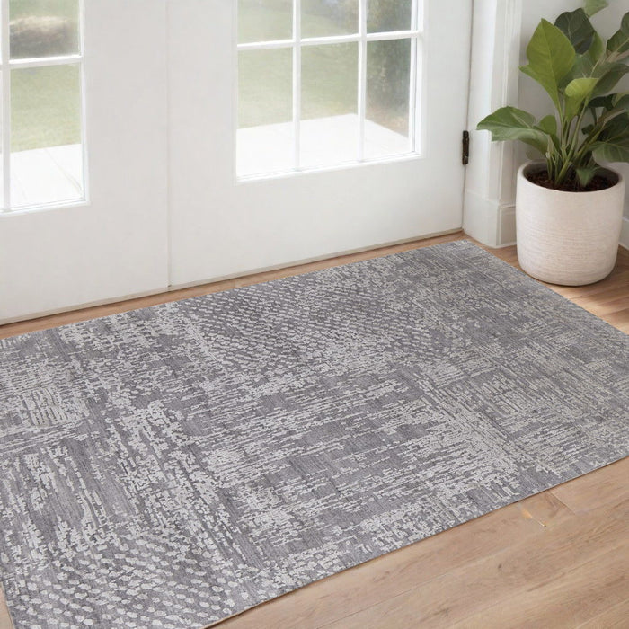 3' x 5' Abstract Hand Woven Worn Faded Wool Blend Area Rug - Gray And Silver