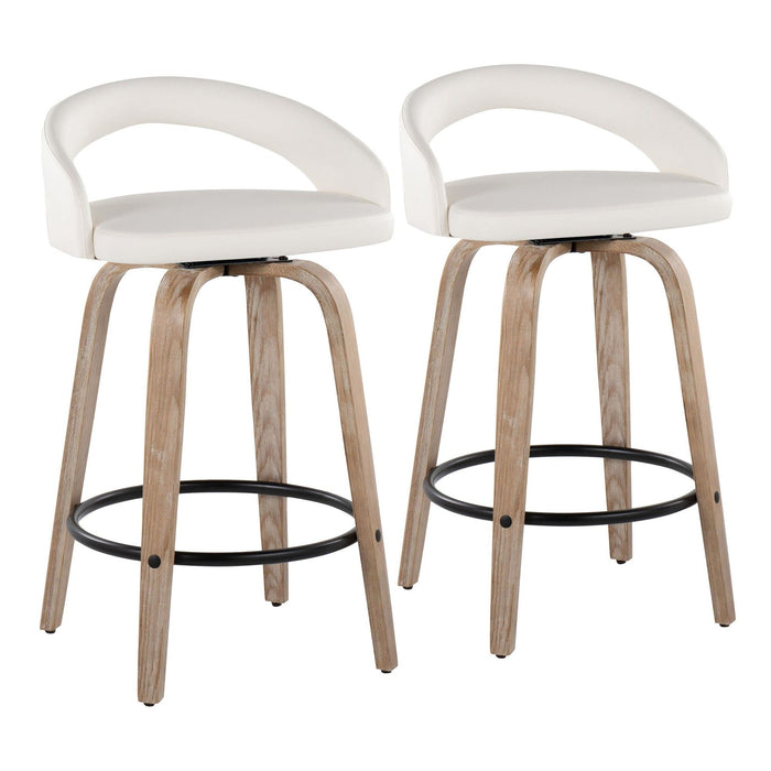 Grotto - Upholstered Fixed-Height Counter Stool (Set of 2) - Whitewashed Wood, White Faux Leather, Black Metal