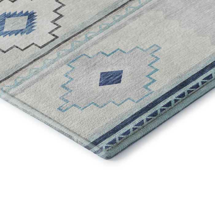 8' Southwest Geometric Washable Round Rug With UV Protection - Blue And Ivory