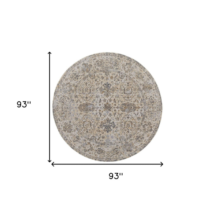 8' Round Oriental Power Loom Distressed Area Rug - Ivory And Brown