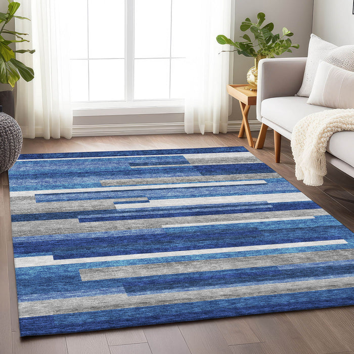 10' X 14' Striped Washable Area Rug With UV Protection - Blue