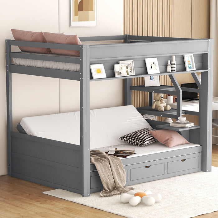 Gray Giga wood full-size convertible bunk bed with storage staircase, bedside table, and three drawers.