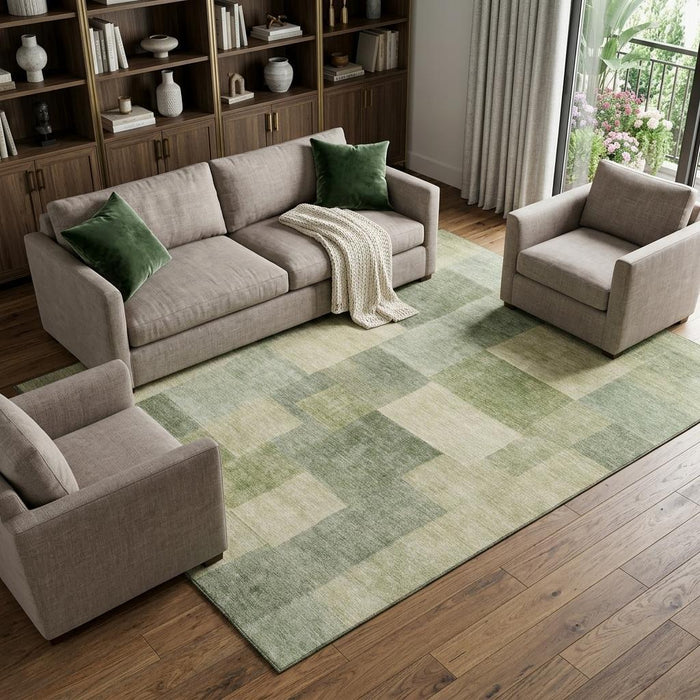 10' X 14' Geometric Washable Area Rug With UV Protection (692589) - Artichoke Green / Beige