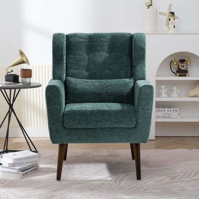 Giga modern upholstered accent armchair with soft padding, wooden legs, and pillow, ideal for living rooms or bedrooms.