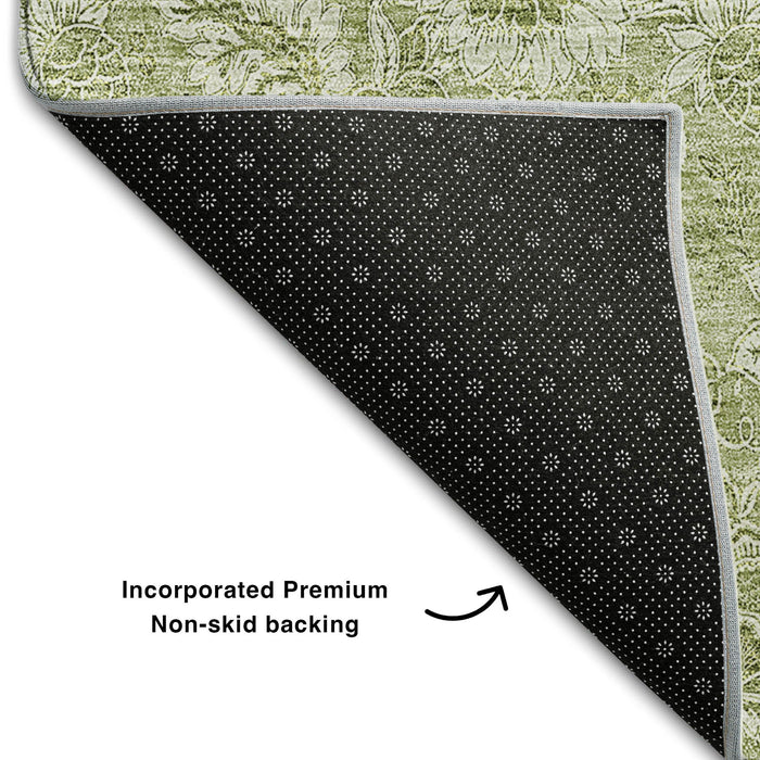 3' X 5' Floral Washable Area Rug With UV Protection (655103) - Artichoke Green / Silver