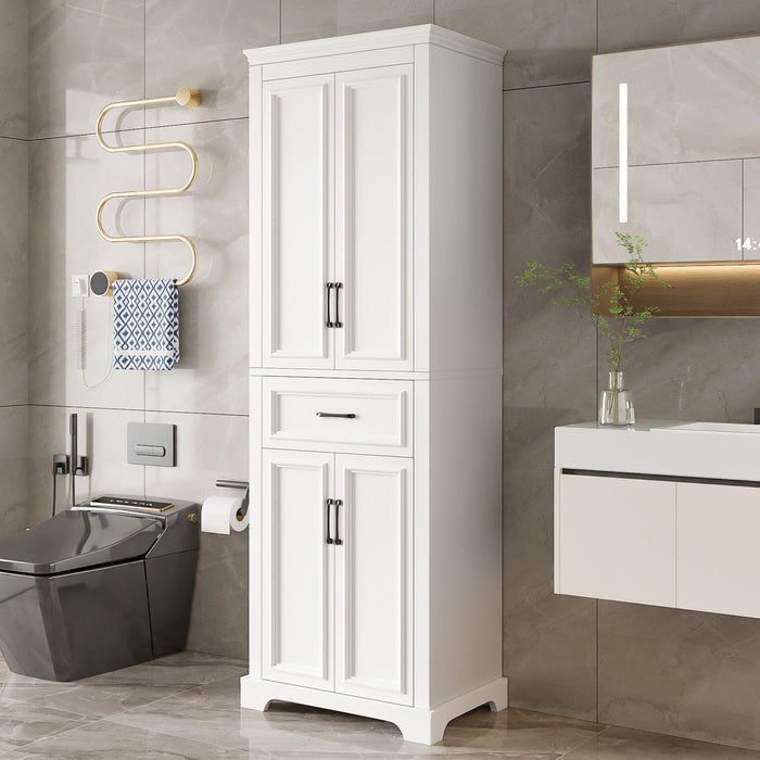 Giga white freestanding bathroom vanity linen cabinet with 4 doors, 1 drawer, adjustable shelves, and damping hinges.