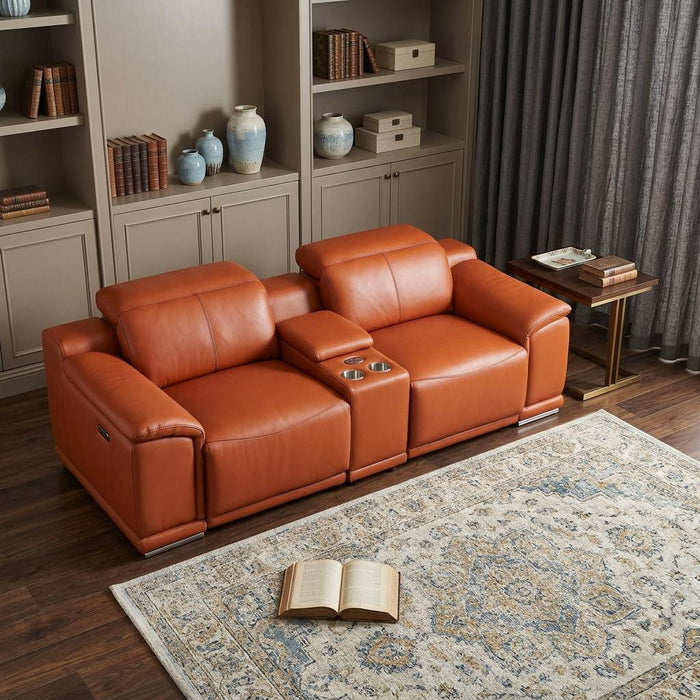 Italian Leather Power Reclining Loveseat With Storage - Orange / Silver