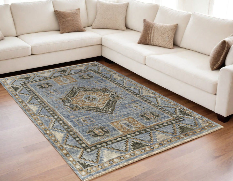 5' x 8' Wool Oriental Hand Knotted Area Rug With Fringe - Ivory Tan And Blue
