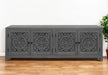 Dark gray 86-inch carved floral distressed solid wood TV stand with enclosed storage from HomeRoots, perfect for modern living rooms.