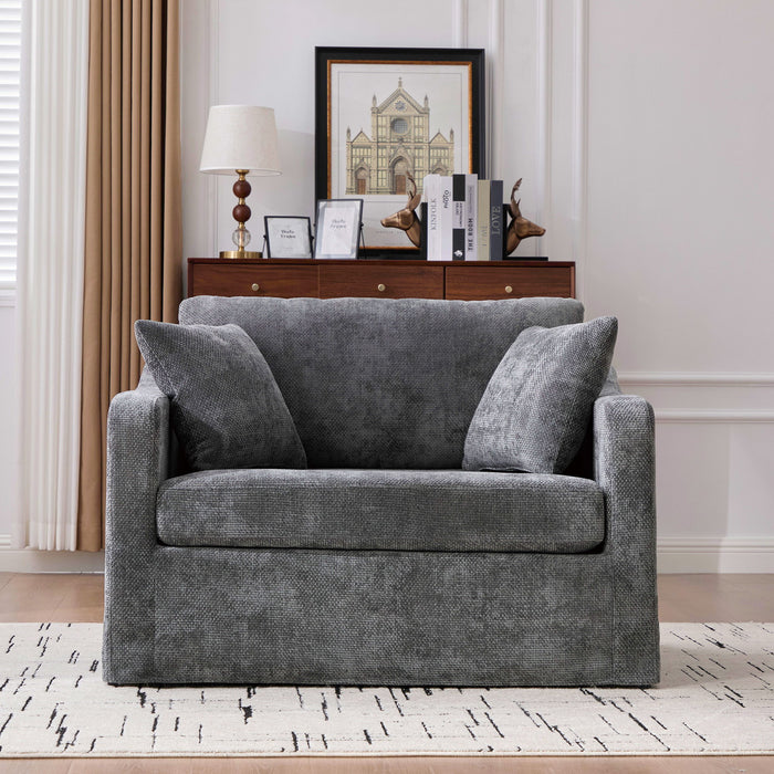 Giga farmhouse accent arm chair with wooden legs and two bolster pillows, featuring a cozy, rustic design for living room decor.