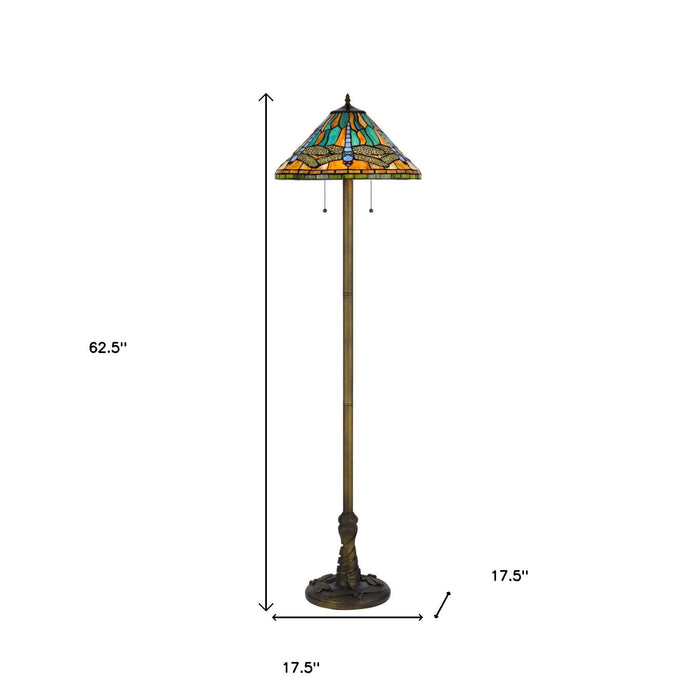 Two Light Traditional Shaped Floor Lamp With Blue And Orange Dragonfly Tiffany Glass Empire Shade - Brass