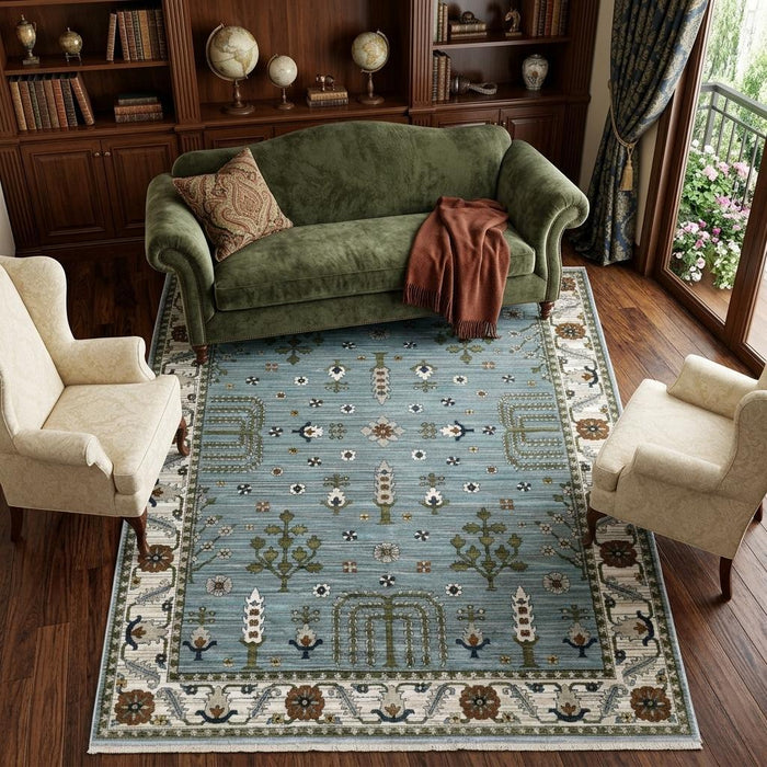8' X 11' Floral Area Rug With Fringe (575106) - Green / Ivory