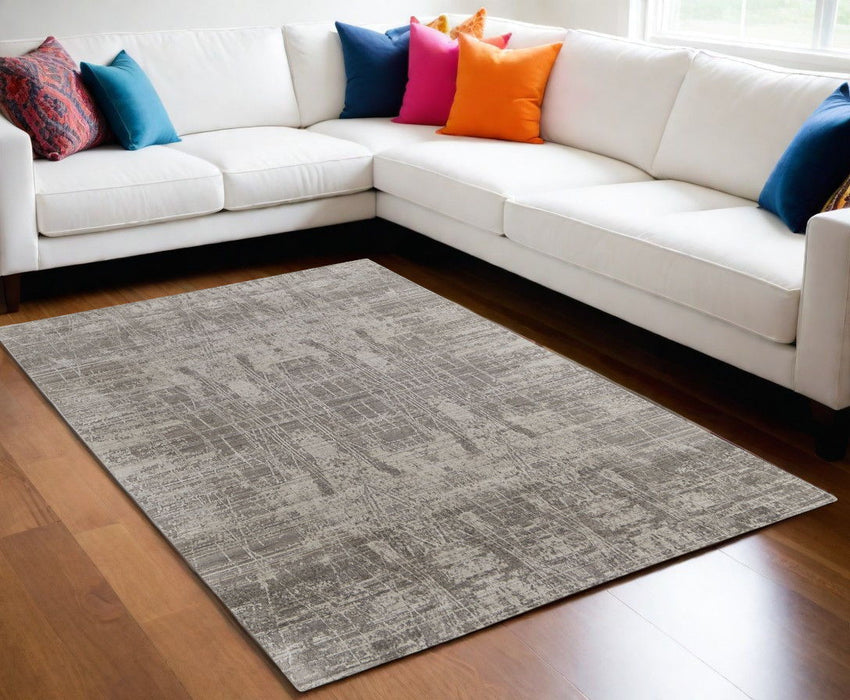 5' x 8' Abstract Hand Woven Worn Faded Area Rug - Gray And Silver