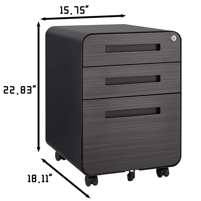 Giga 3-drawer mobile filing cabinet with five wheels, used for legal, letter, and A4 files, made of cold rolled steel.