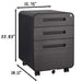 Giga 3-drawer mobile filing cabinet with five wheels, used for legal, letter, and A4 files, made of cold rolled steel.