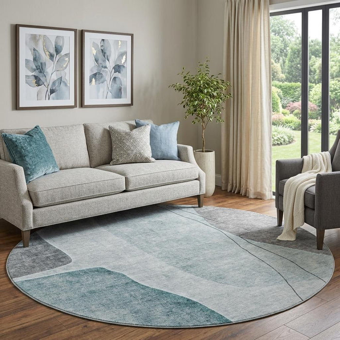 8' Abstract Washable Round Rug With UV Protection (656582) - Teal / Gray / Ivory