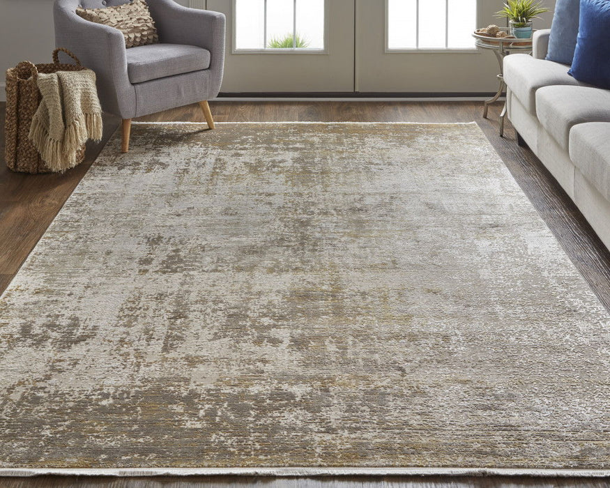 5' x 8' Abstract Area Rug With Fringe - Taupe Ivory And Gold