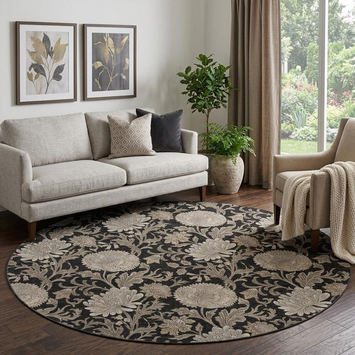 8' Floral Washable Round Rug With UV Protection (655773) - Black / Beige