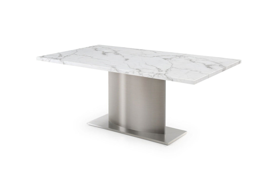 72" Marble And Stainless Steel Pedestal Base Dining Table - Gray / White