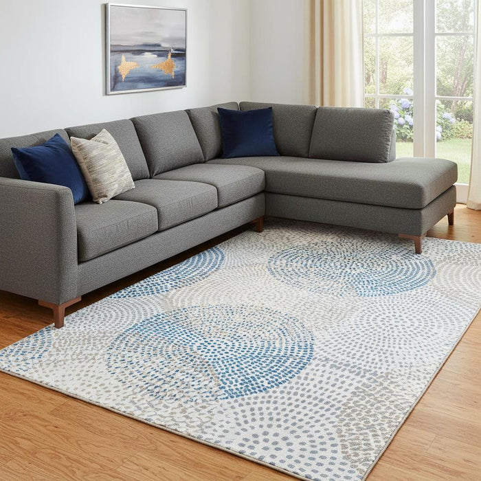 8' X 10' Abstract Washable Area Rug With UV Protection (650366) - Ivory / Blue