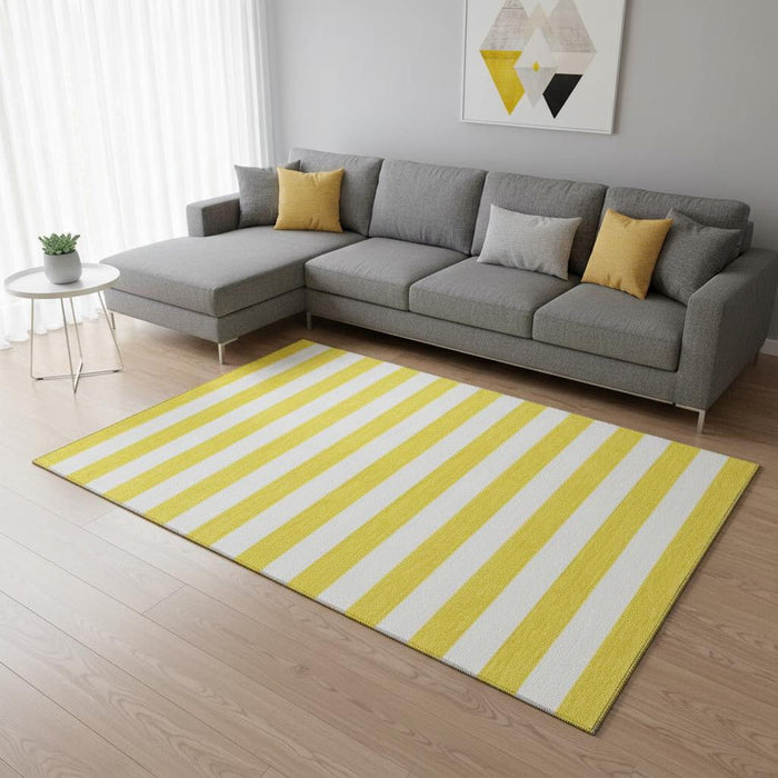 9' X 12' Striped Washable Area Rug With UV Protection (647679) - Yellow / Ivory