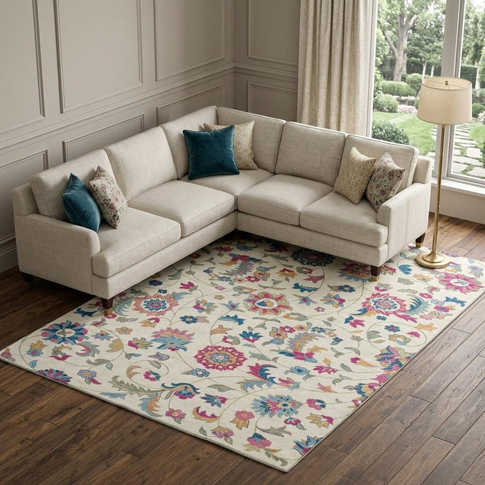 10' X 14' Floral Washable Area Rug With UV Protection (678988) - Linen / Pink / Blue