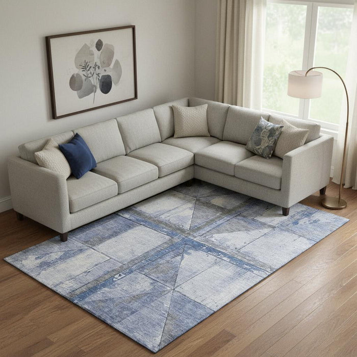 10' X 14' Geometric Washable Area Rug With UV Protection (706505) - Denim Blue / Gray