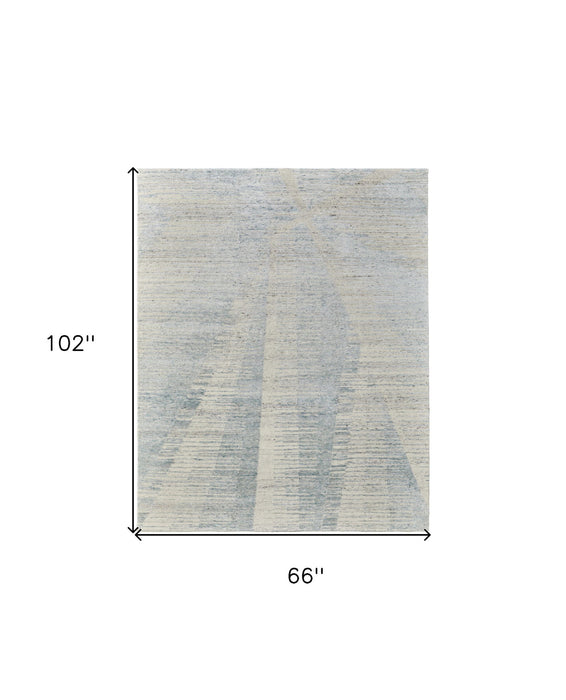 5.5' x 8.5' Abstract Hand Knotted Worn Faded Area Rug - Ivory And Blue
