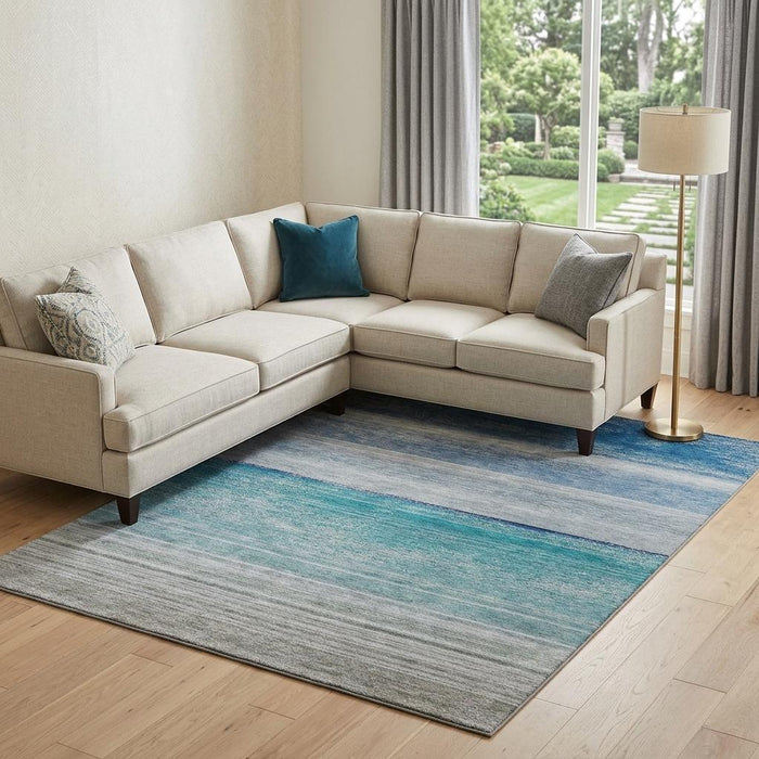 10' X 14' Striped Washable Area Rug With UV Protection (692535) - Sky Blue / Beige / Ivory