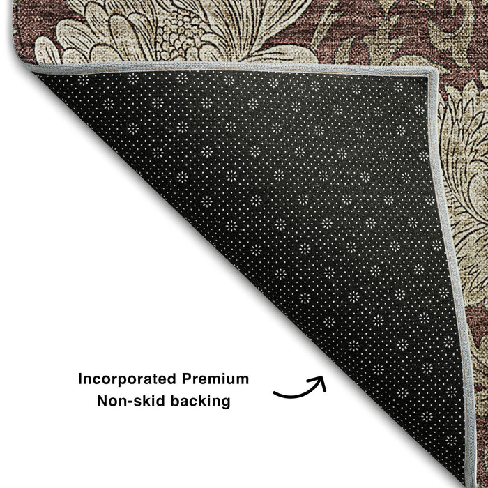 9' X 12' Floral Washable Area Rug With UV Protection (655805) - Merlot / Beige