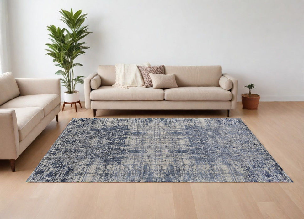 8' x 10' Abstract Hand Woven Worn Faded Area Rug - Blue And Ivory