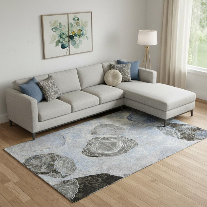10' X 14' Geometric Washable Area Rug With UV Protection (697206) - Sky Blue / Charcoal / Ivory