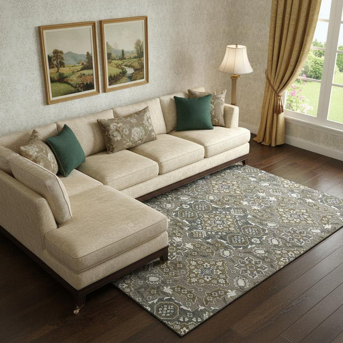 10' X 14' Floral Medallion Washable Area Rug With UV Protection (705851) - Coffee / Gray