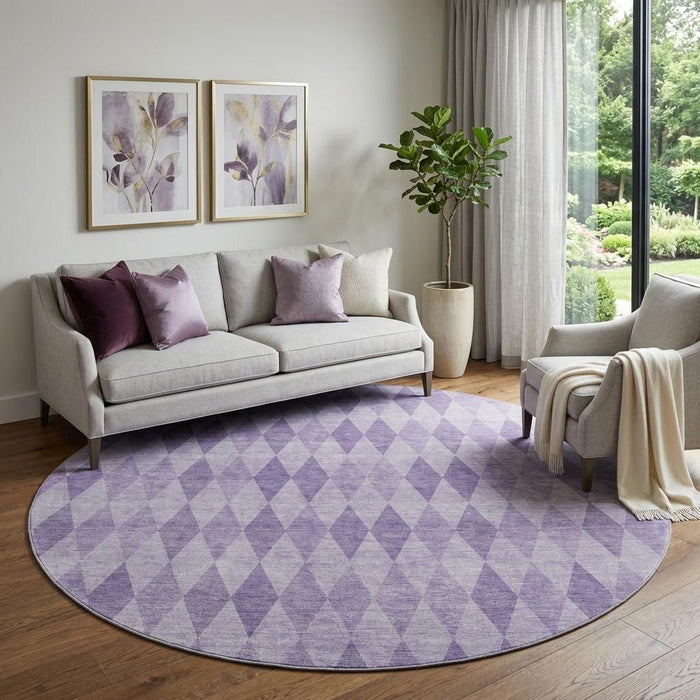 8' Geometric Washable Round Rug With UV Protection (649375) - Purple / Ivory