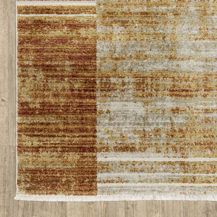 10' x 13' Geometric Power Loom Stain Resistant Area Rug With Fringe - Rust Gold Blue Gray Ivory And Tan