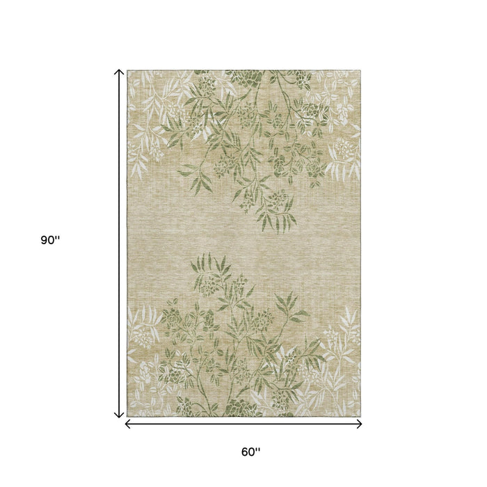 5' X 8' Floral Washable Area Rug With UV Protection (655640) - Khaki / Green / Ivory