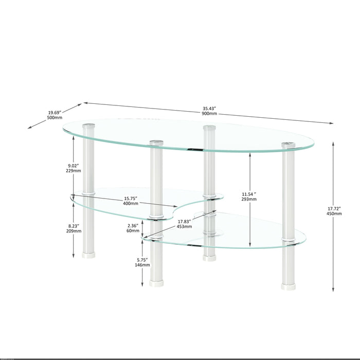 Transparent oval glass coffee table with oak wood legs, 3-layer design, modern living room tea table by Giga.