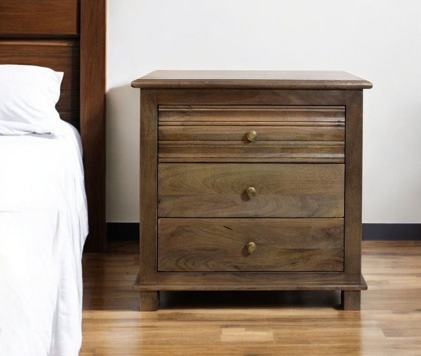 28" Distressed Three Drawer Solid Wood Nightstand - Brown