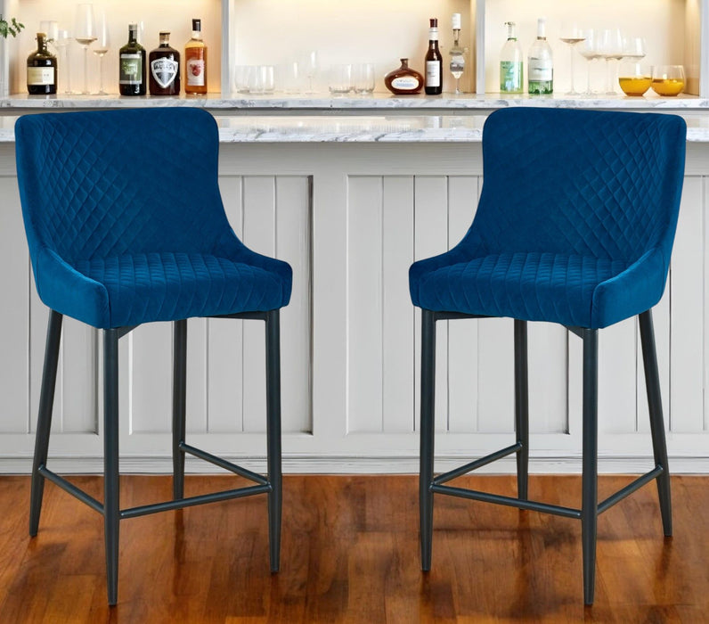 30" Velvet And Metal Low Back Bar Height Bar Chairs (Set of 2) - Blue / Black