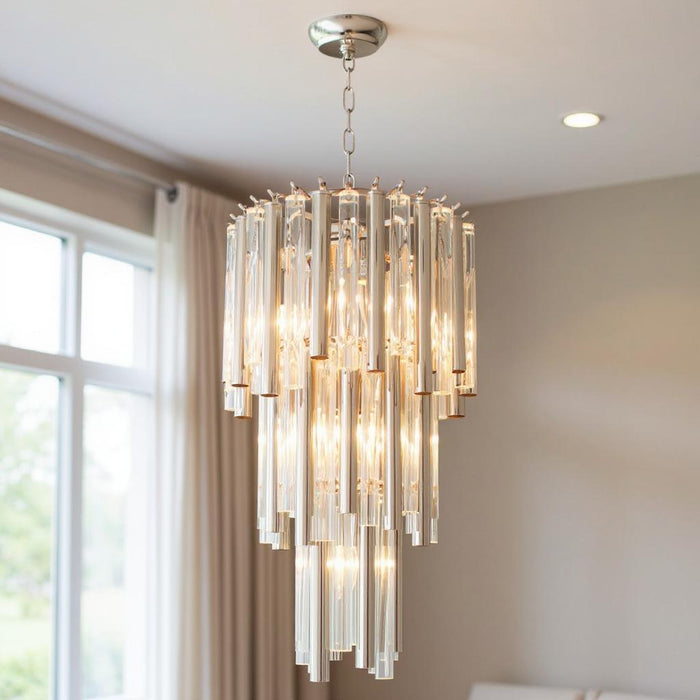 HomeRoots silver seven-light metal crystal glass chandelier with shades, elegant statement lighting fixture with modern design.