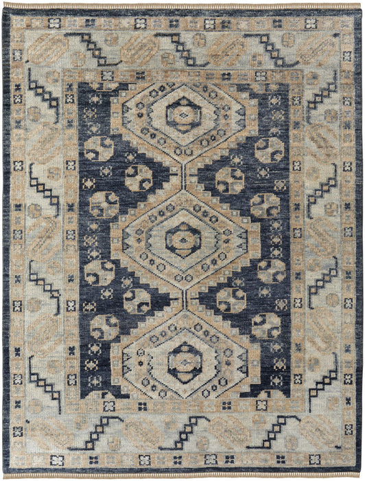 8' x 10' Wool Geometric Hand Knotted Area Rug With Fringe - Blue And Ivory