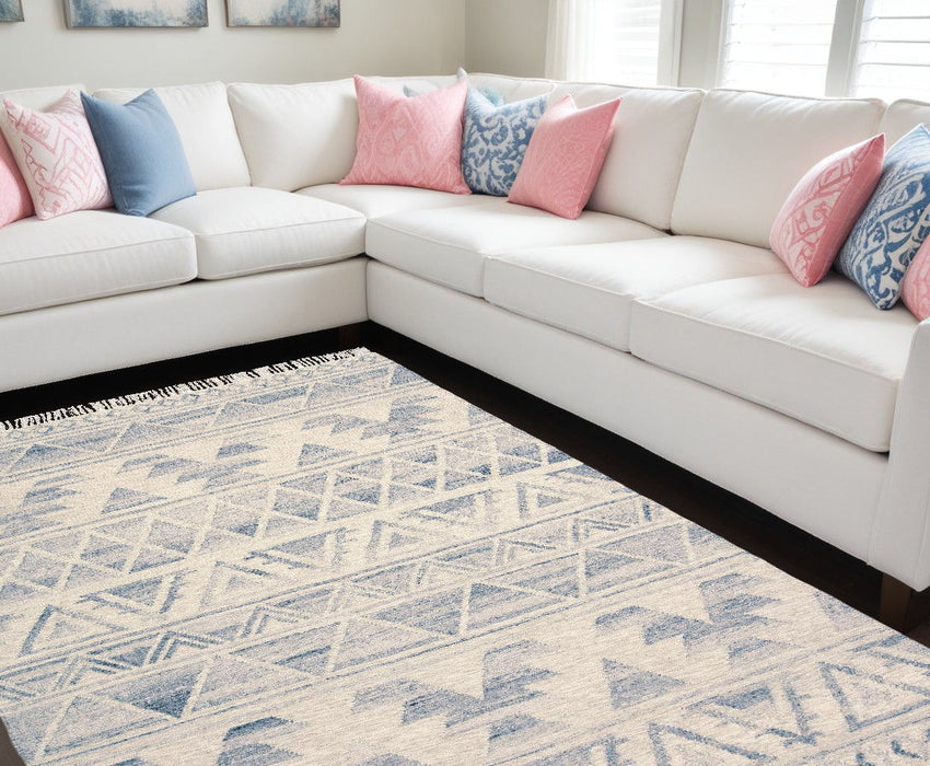 10' x 14' Wool Geometric Flatweave Handmade Area Rug With Fringe - Blue And Ivory