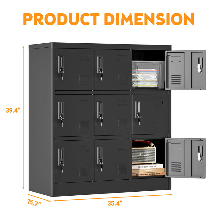 Black Giga 9-door employee storage locker with card slot, ideal for office, gym, school, or home use.