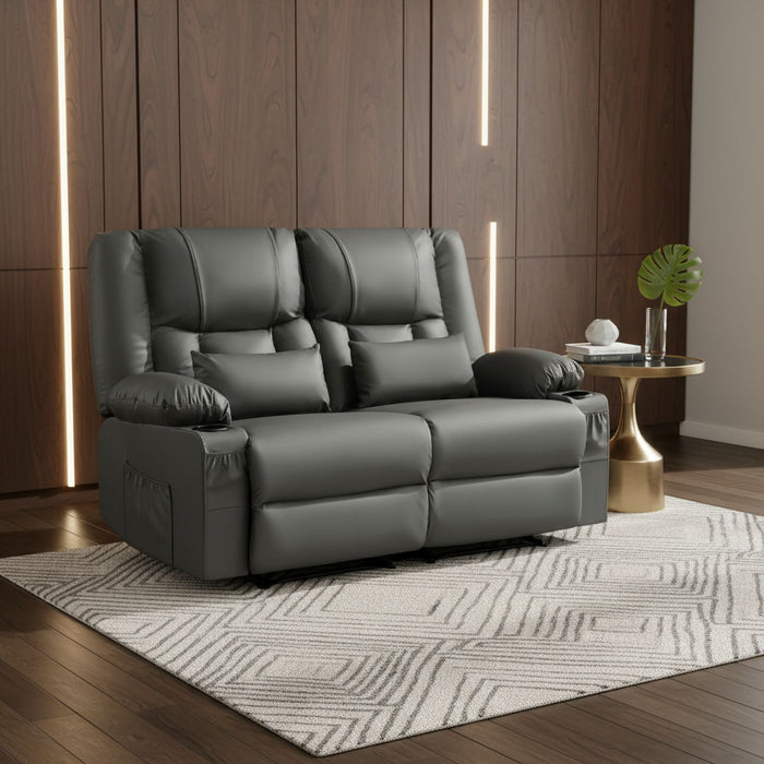 Faux Leather Manual Reclining Loveseat With Storage Toss Pillows - Gray