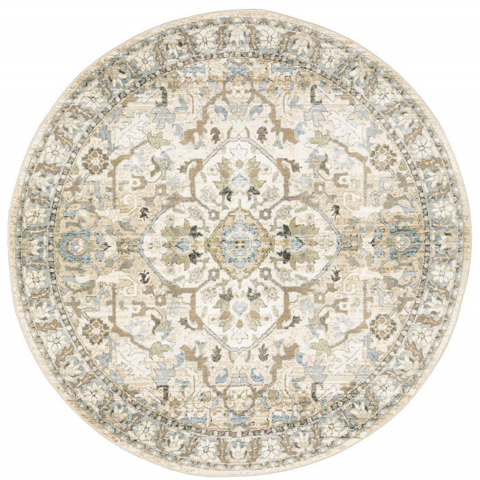 8' Round Oriental Power Loom Area Rug - Beige And Ivory