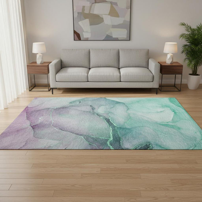 5' X 8' Abstract Washable Area Rug With UV Protection (646890) - Fern Green / Ivory