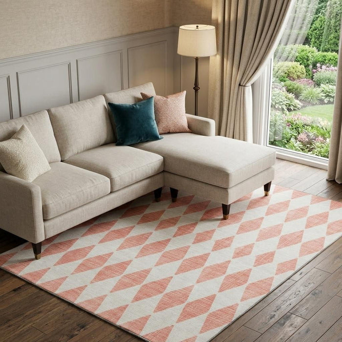 9' X 12' Diamond Washable Area Rug With UV Protection (650115) - Salmon / Ivory