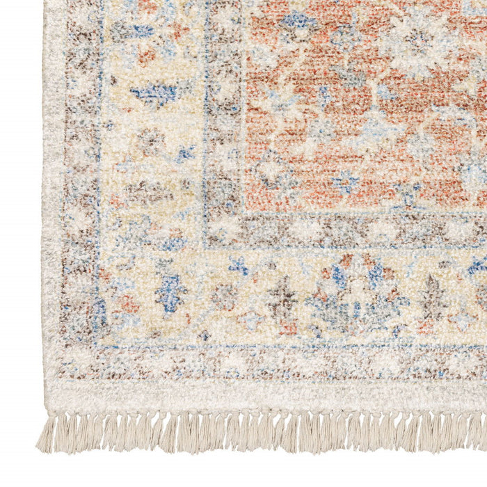 8' x 10' Oriental Hand Loomed Stain Resistant Area Rug With Fringe - Orange And Blue