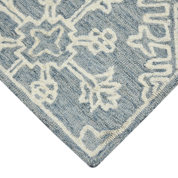 8' X 11' Wool Geometric Hand Hooked Area Rug - Sky Blue And Ivory