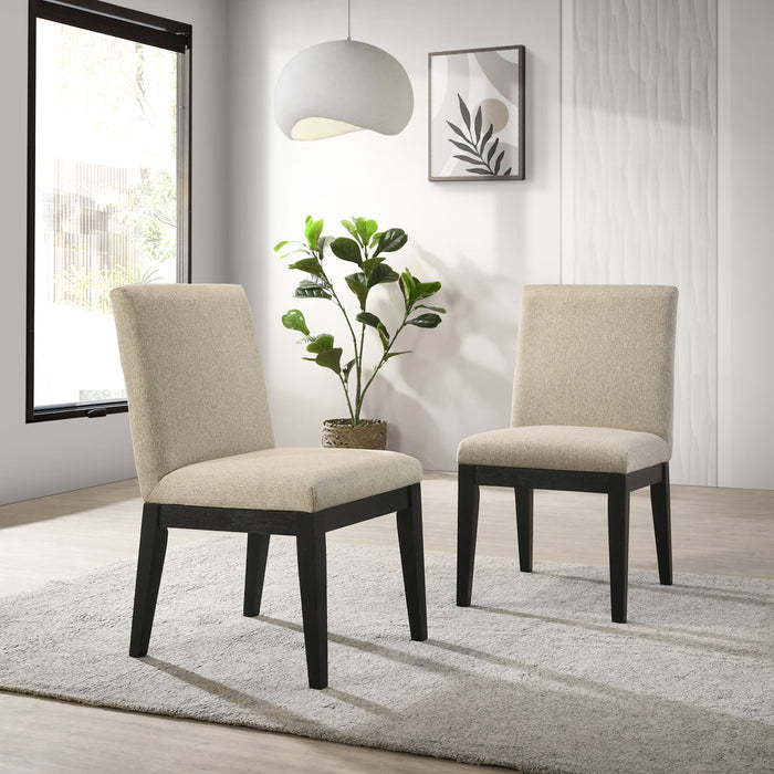 Set of two beige Roundhill Furniture Rocco contemporary solid wood dining chairs with curved backs and cushioned seats.